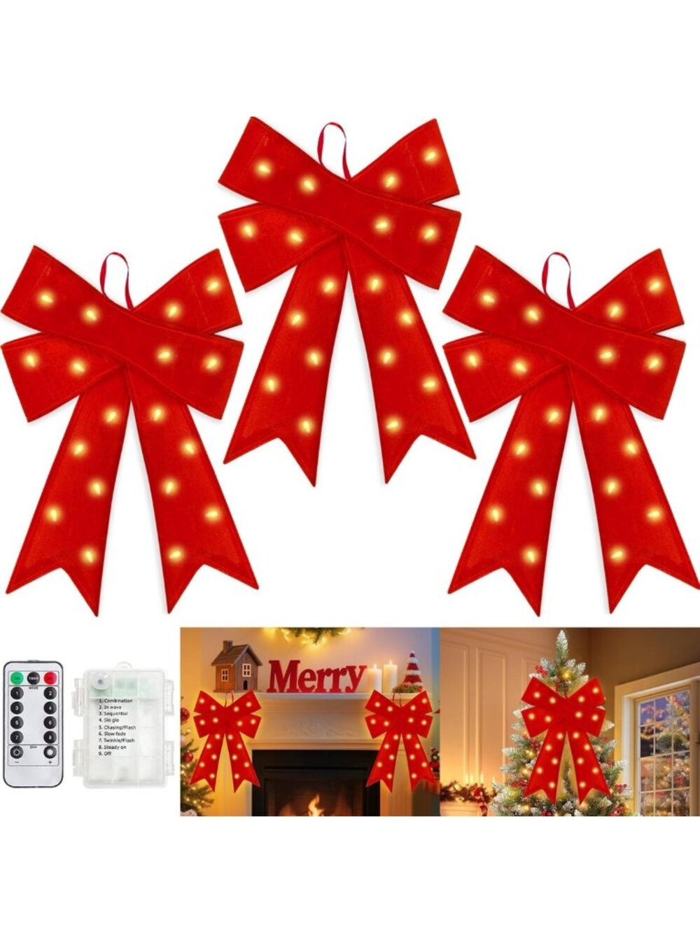 Set of 3 Large Prelit Red Velvet Christmas Bows with LED Lights & Remote Timer